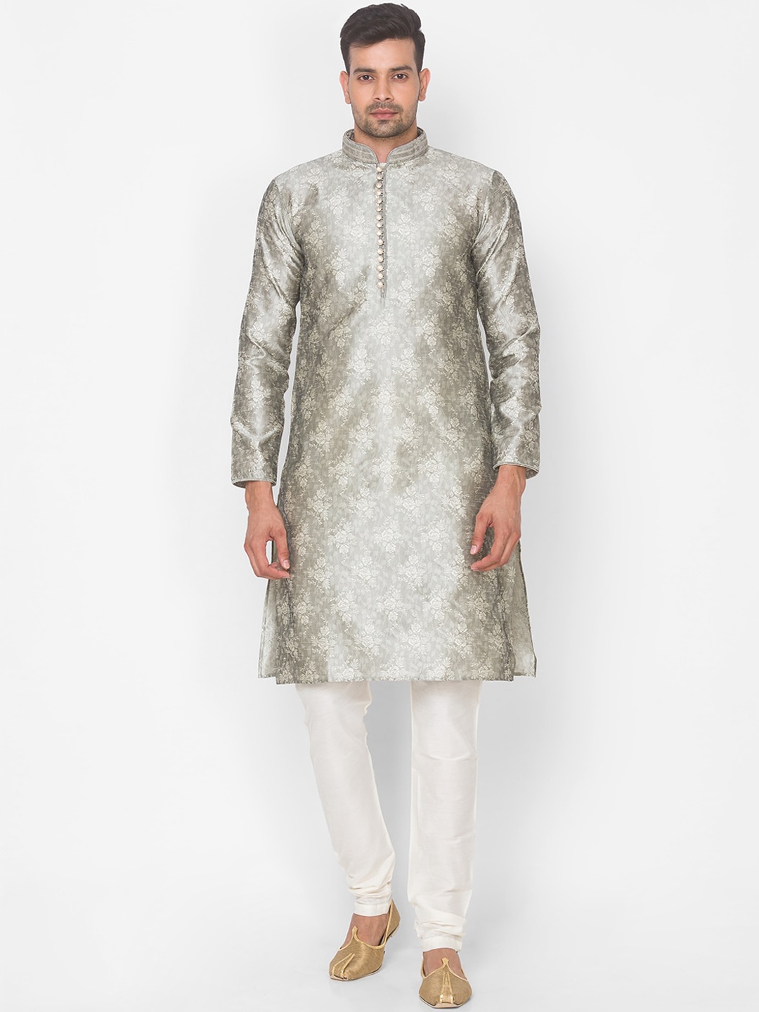 

Ethnicity Men Grey Angrakha Kurta with Pyjamas