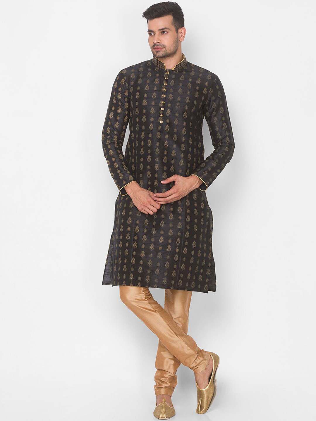 

Ethnicity Men Black & Gold Ethnic Motifs Printed Regular Kurta With Churidar