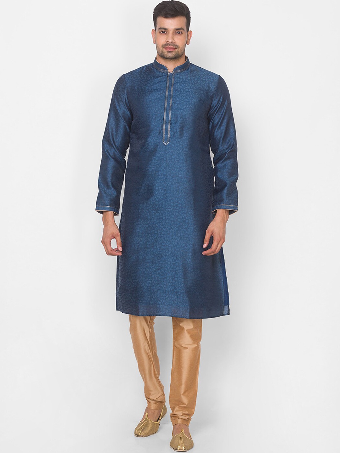 

Ethnicity Men Navy Blue Self Design Regular Art Silk Kurta with Churidar