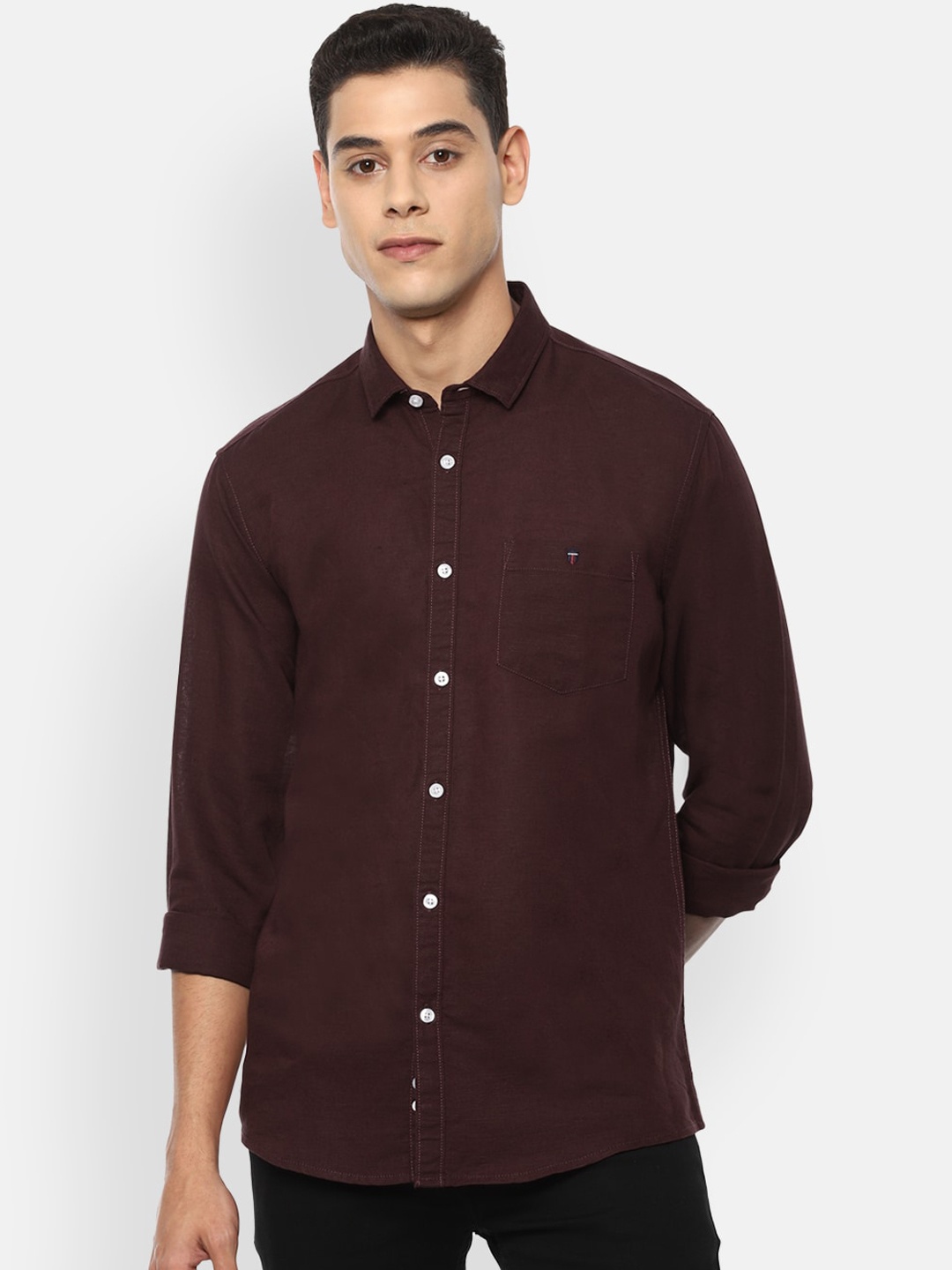 

Louis Philippe Jeans Men Maroon Slim Fit Linen Cotton Opaque Casual Shirt