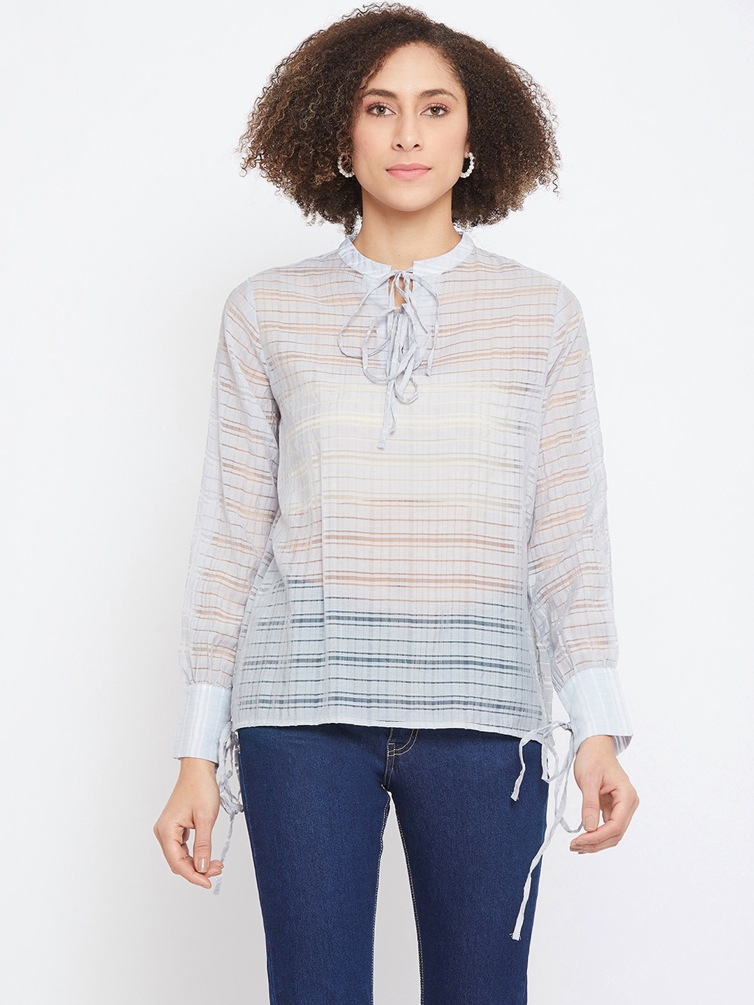 

CAMLA Blue Checked Tie-Up Neck Regular Top