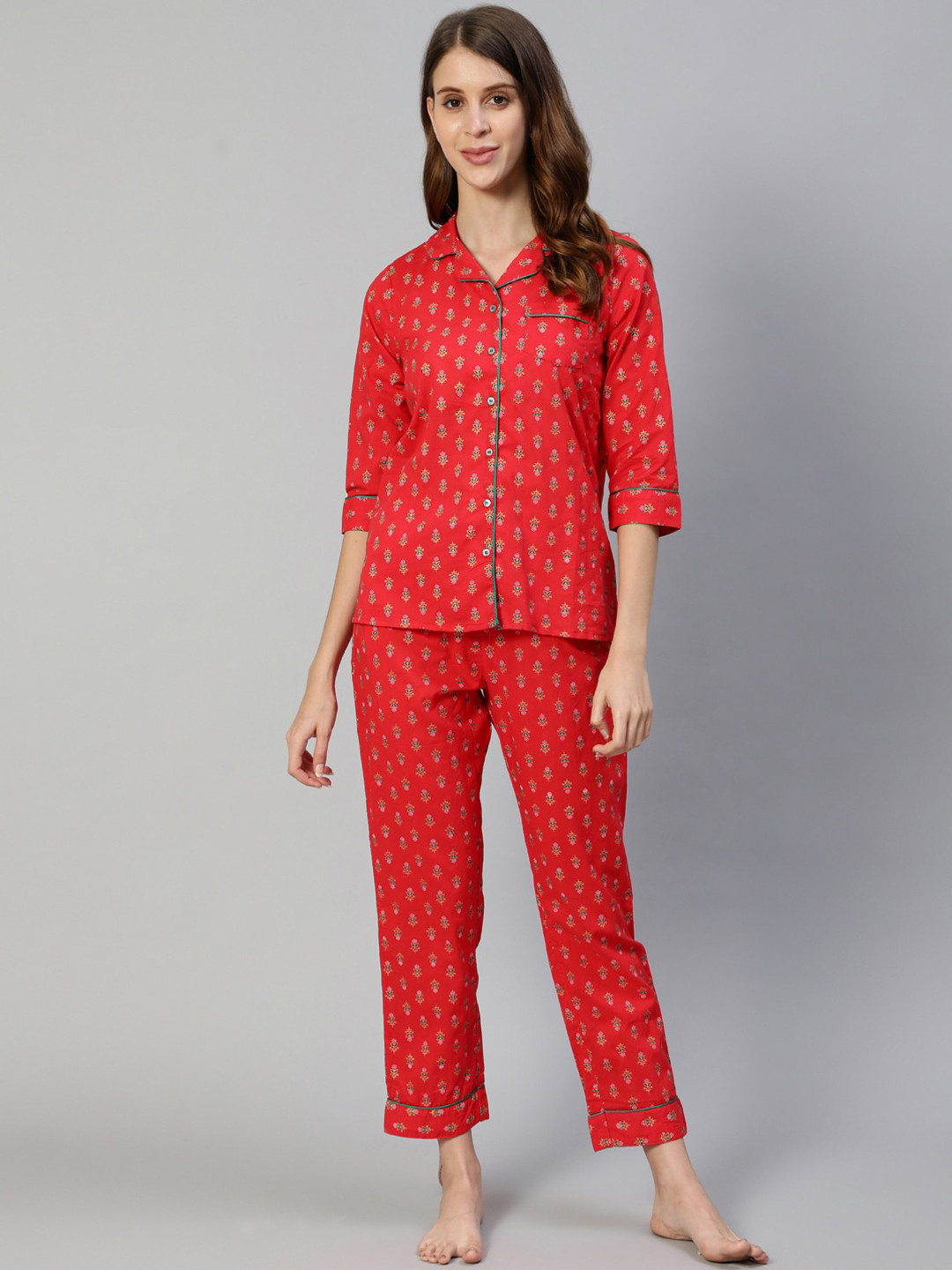 

Ishin Women Red & Green Ethnic Motifs Printed Pure Cotton Night Suit
