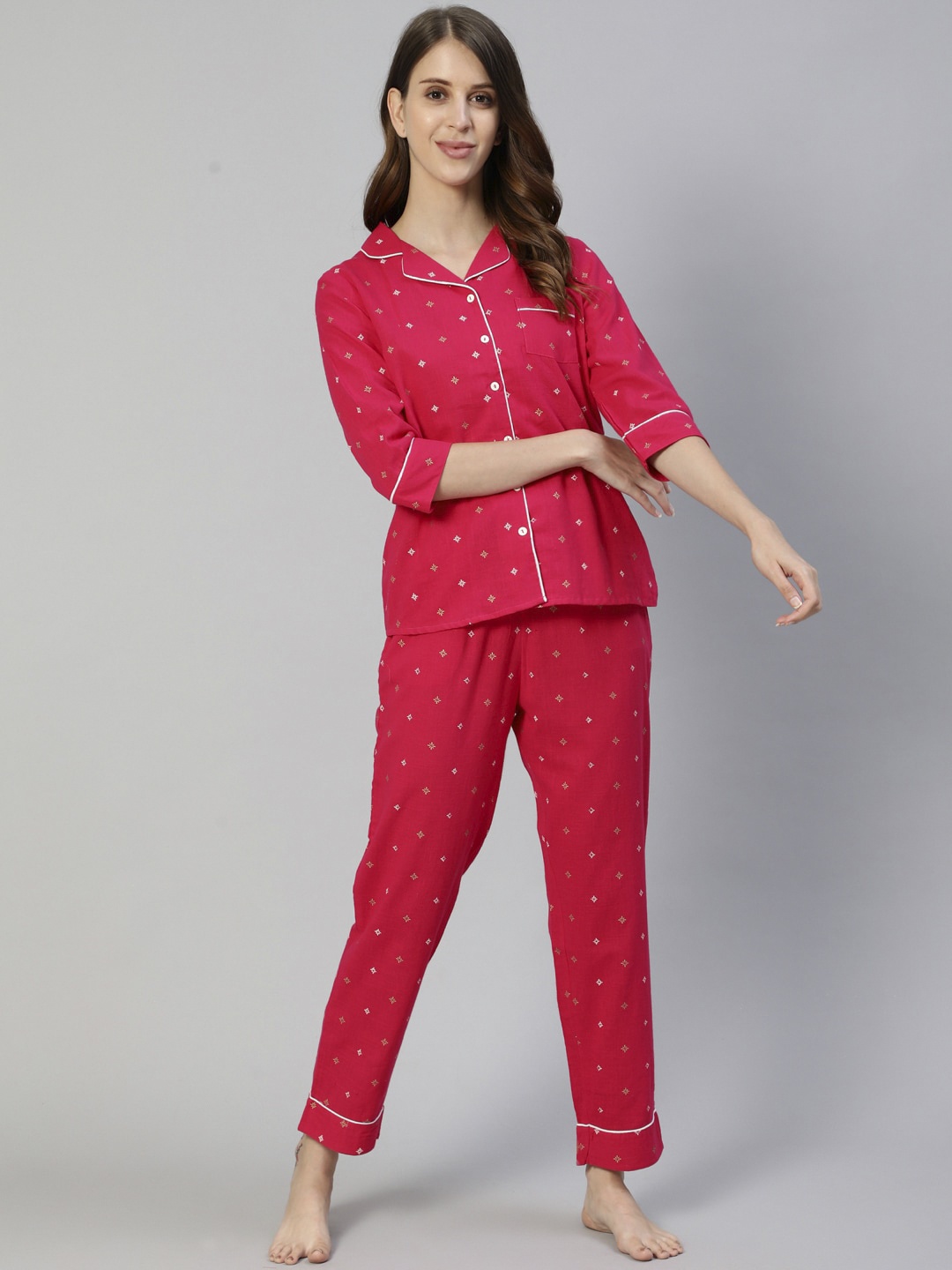

Ishin Women Pink & White Pure Cotton Printed Night suit