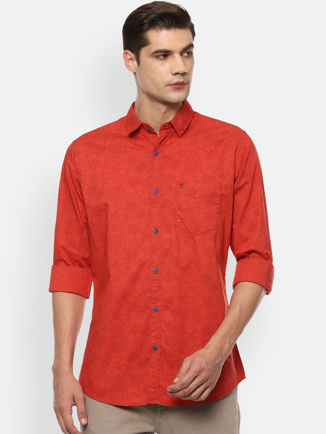 

VAN HEUSEN DENIM LABS Men Orange Slim Fit Floral Opaque Printed Casual Shirt
