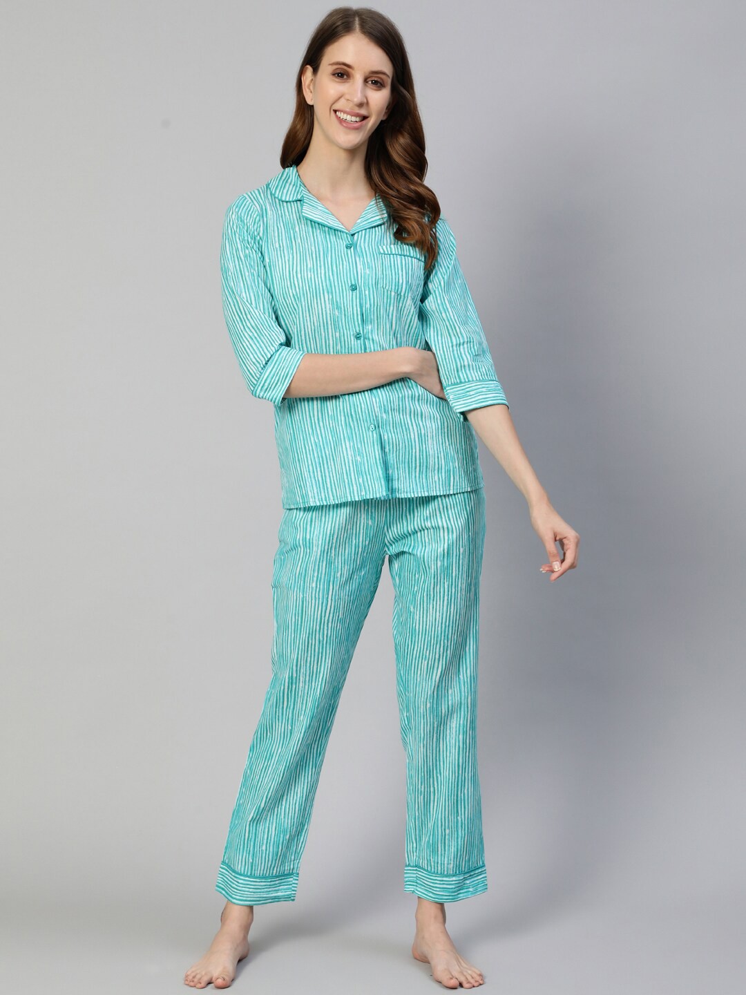 

Ishin Striped Pure Cotton Night suit, Sea green