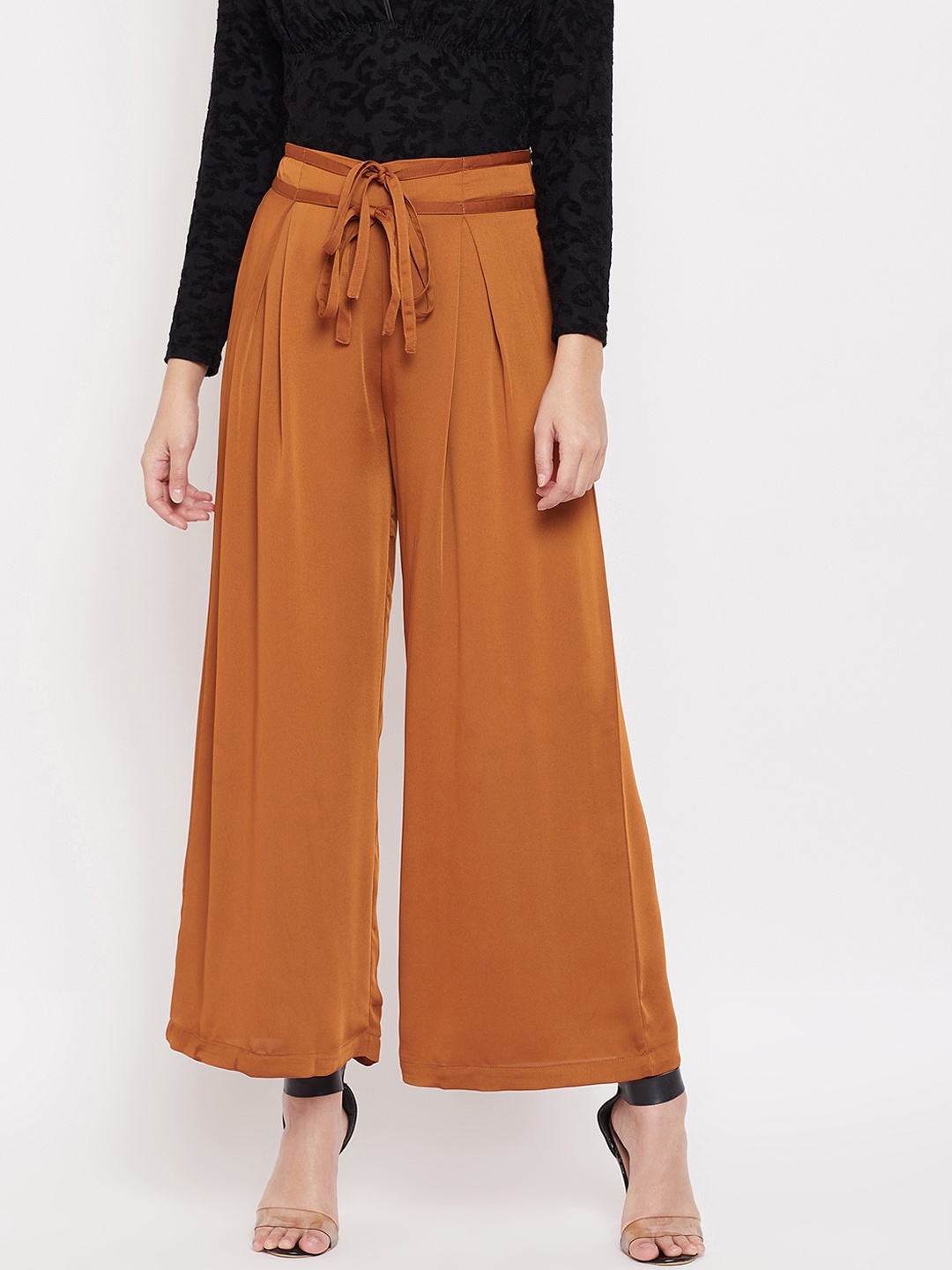 

CAMLA Women Rust Brown Loose Fit Pleated Parallel Trousers