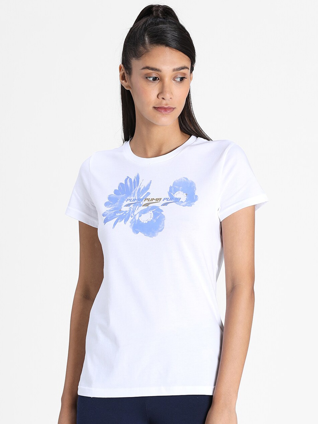 

Puma Women White & Blue Evide Graphic Printed Pure Cotton T-shirt