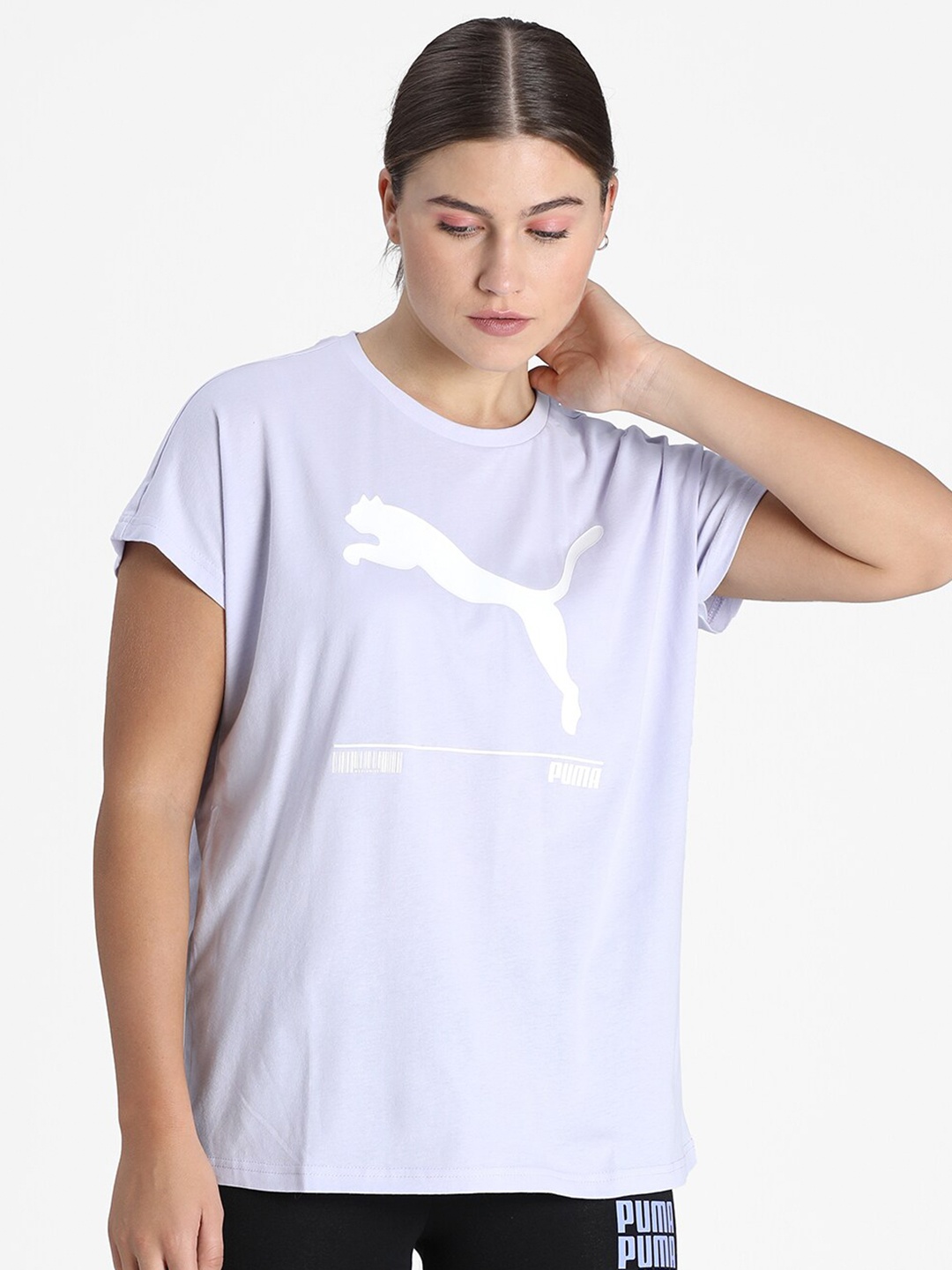 

Puma Women Purple Brand Logo Printed Extended Sleeves T-shirt