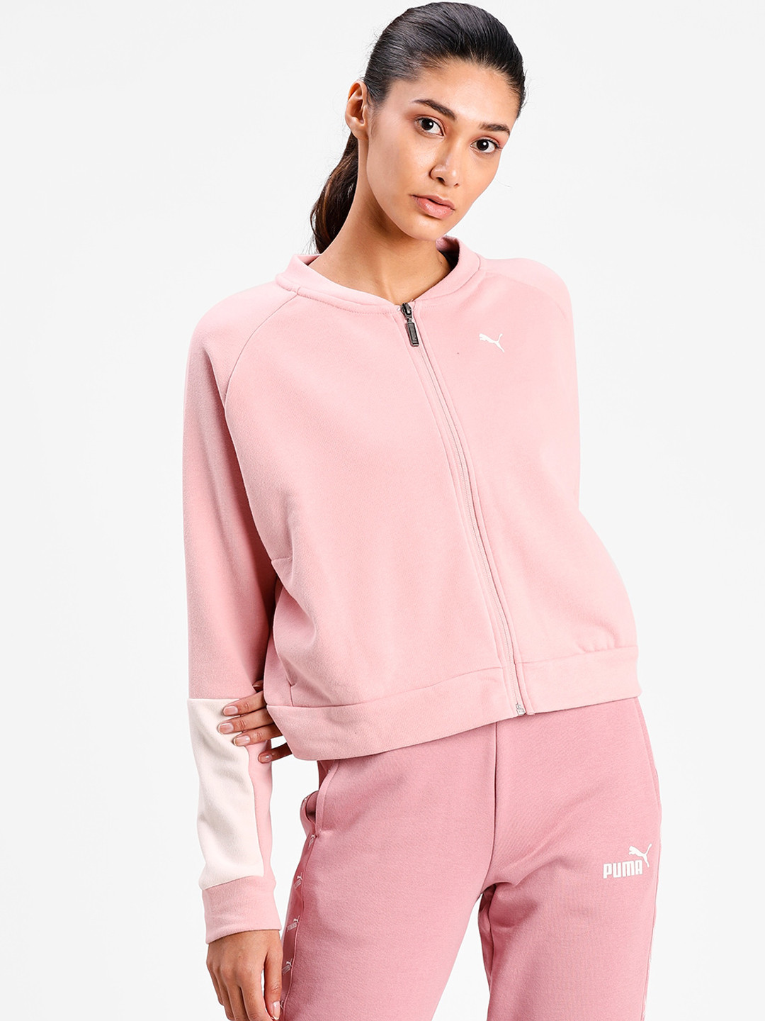 

Puma Women Pink & White Brand Logo Printed Bomber Jacket