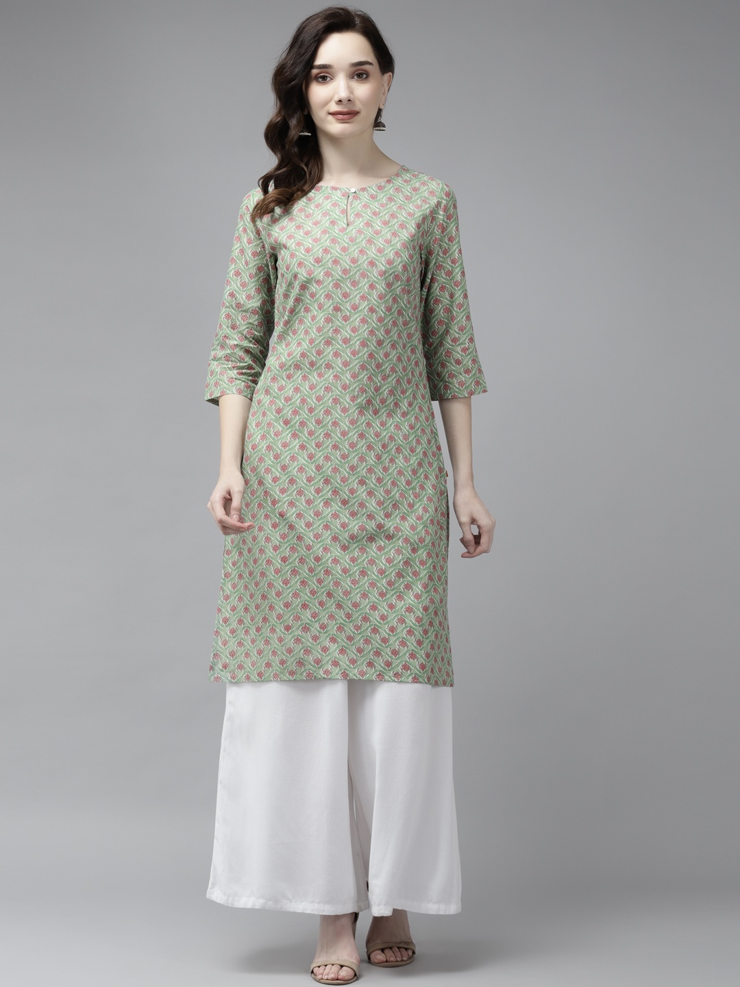 

W Women Green & Pink Ethnic Motifs Printed Keyhole Neck Pure Cotton Kurta