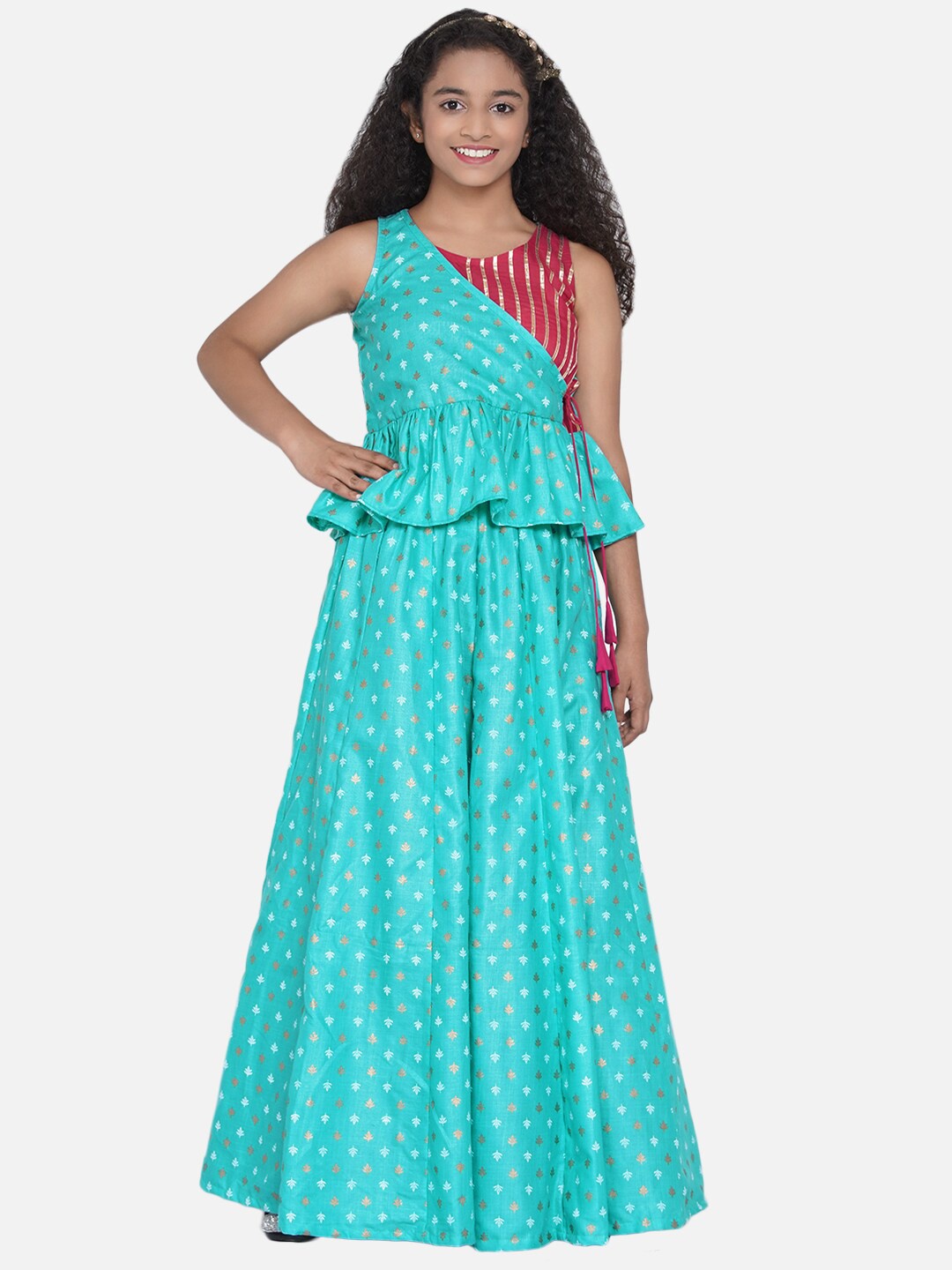 

Bitiya by Bhama Girls Green & Pink Printed Khari Print Ready to Wear Lehenga & Choli