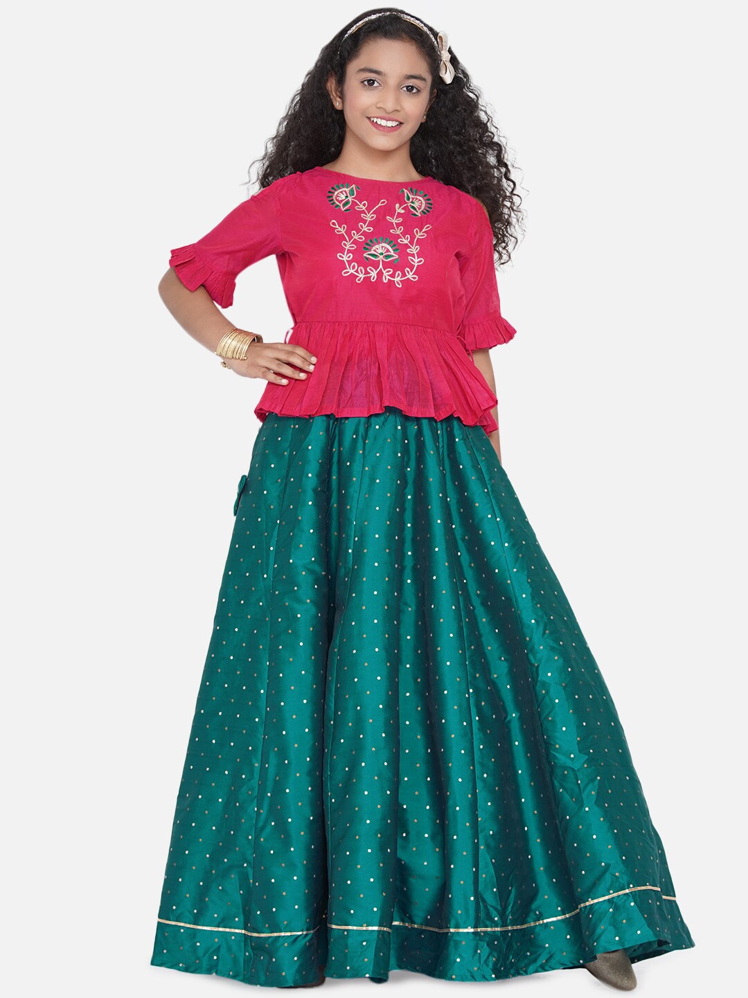 

Bitiya by Bhama Girls Pink & Green Embroidered Ready to Wear Lehenga Choli