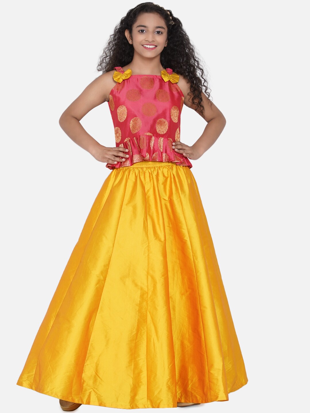 

Bitiya by Bhama Girls Peach & Yellow Embellished Ready to Wear Lehenga Choli