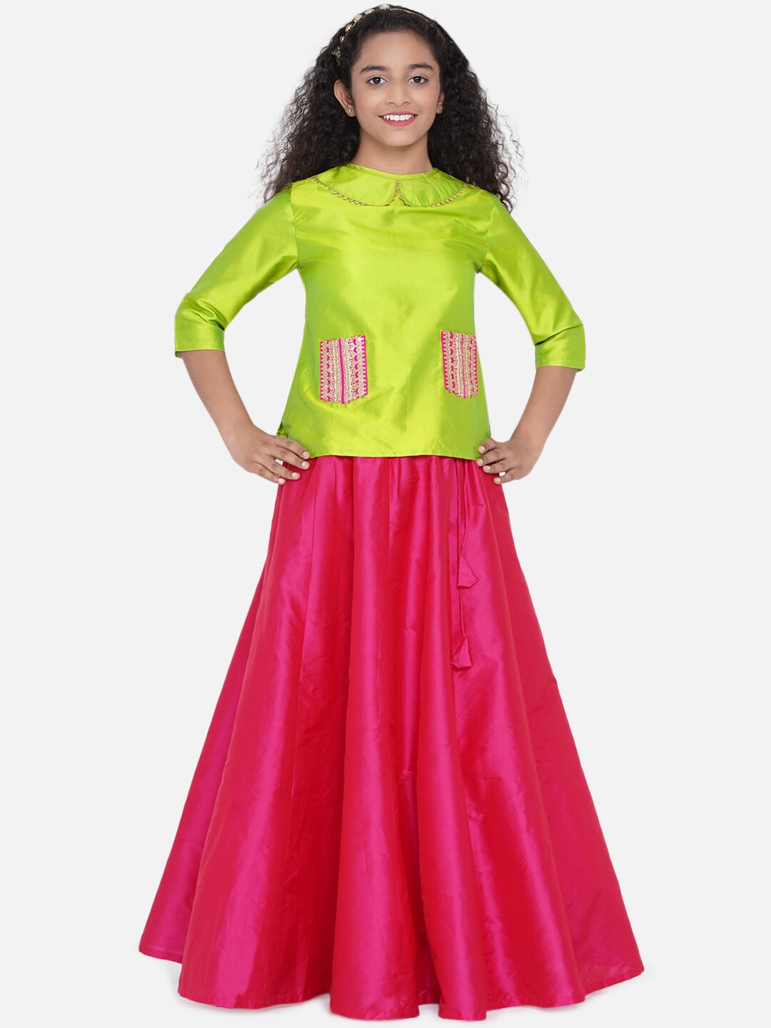 

Bitiya by Bhama Girls Green & Pink Embellished Ready to Wear Lehenga Choli