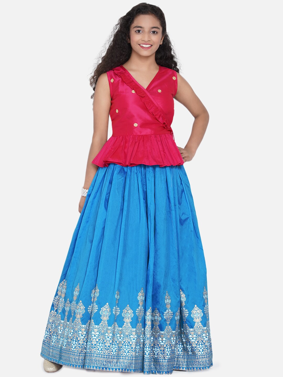

Bitiya by Bhama Girls Pink & Blue Embellished Khari Print Ready to Wear Lehenga &