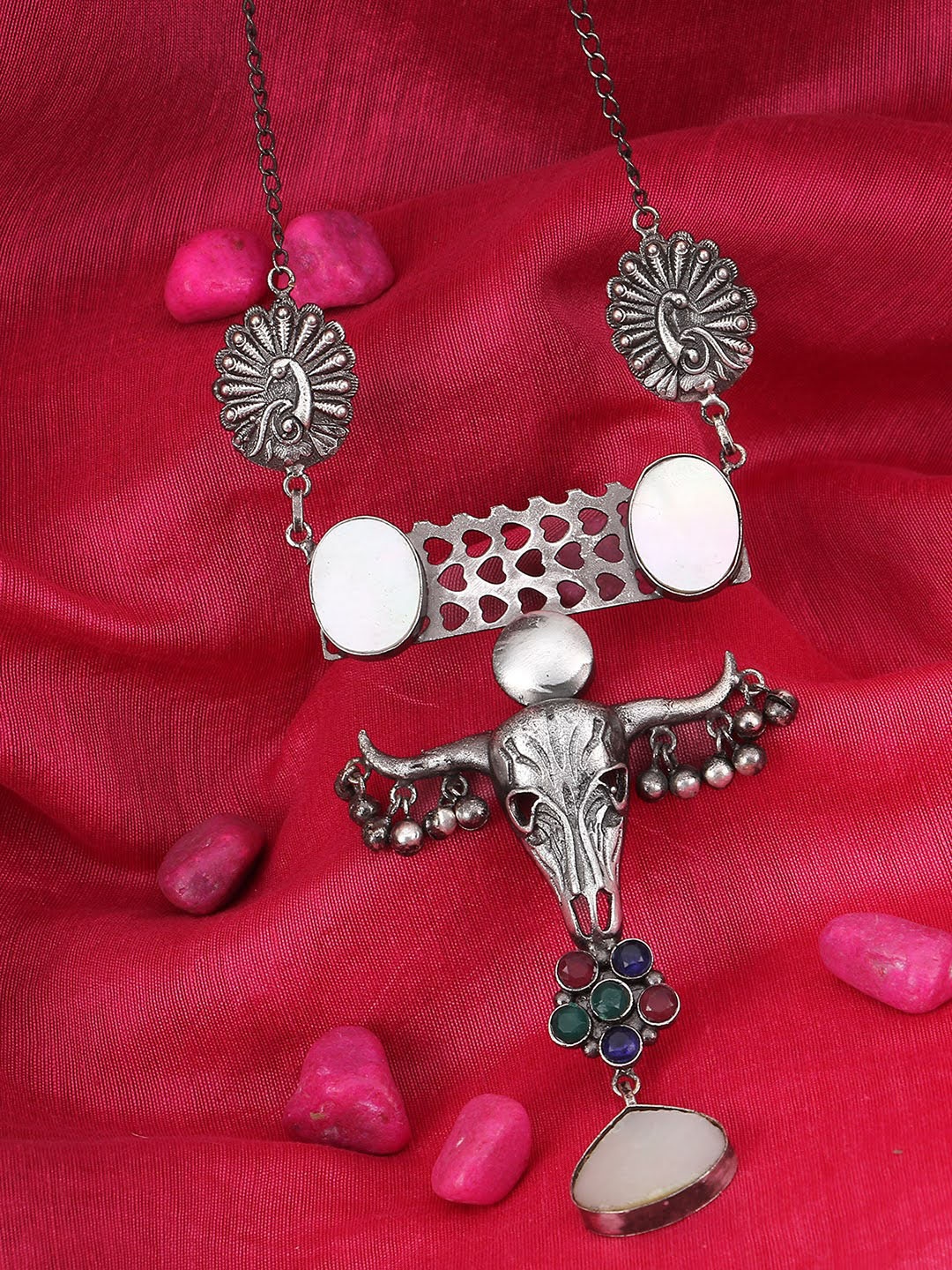 

Adwitiya Collection Oxidised Silver-Plated Off-White Stone Studded Pendant With Chain