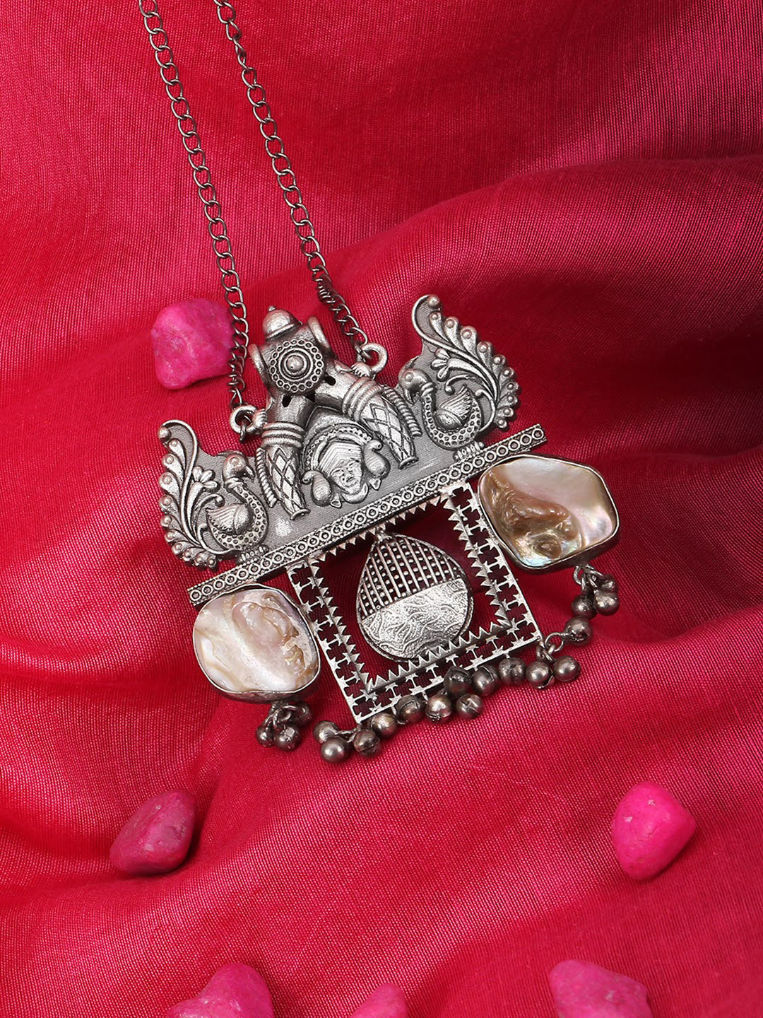 

Adwitiya Collection Oxidised Silver-Plated Off-White Stone Studded Pendant With Chain