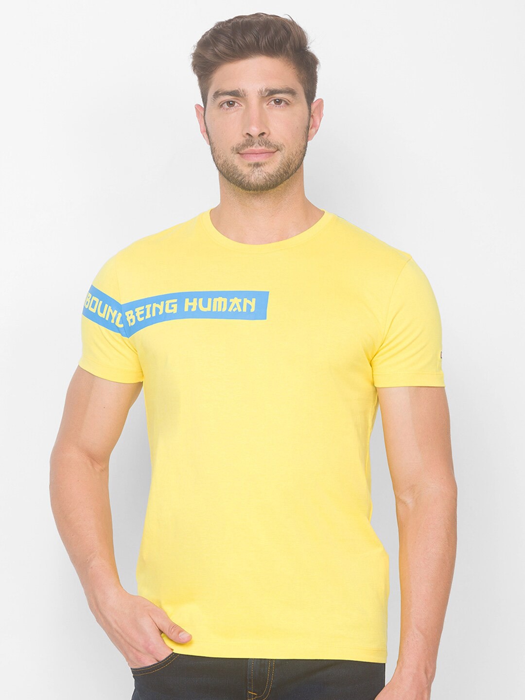 

Being Human Men Yellow Typography Applique T-shirt