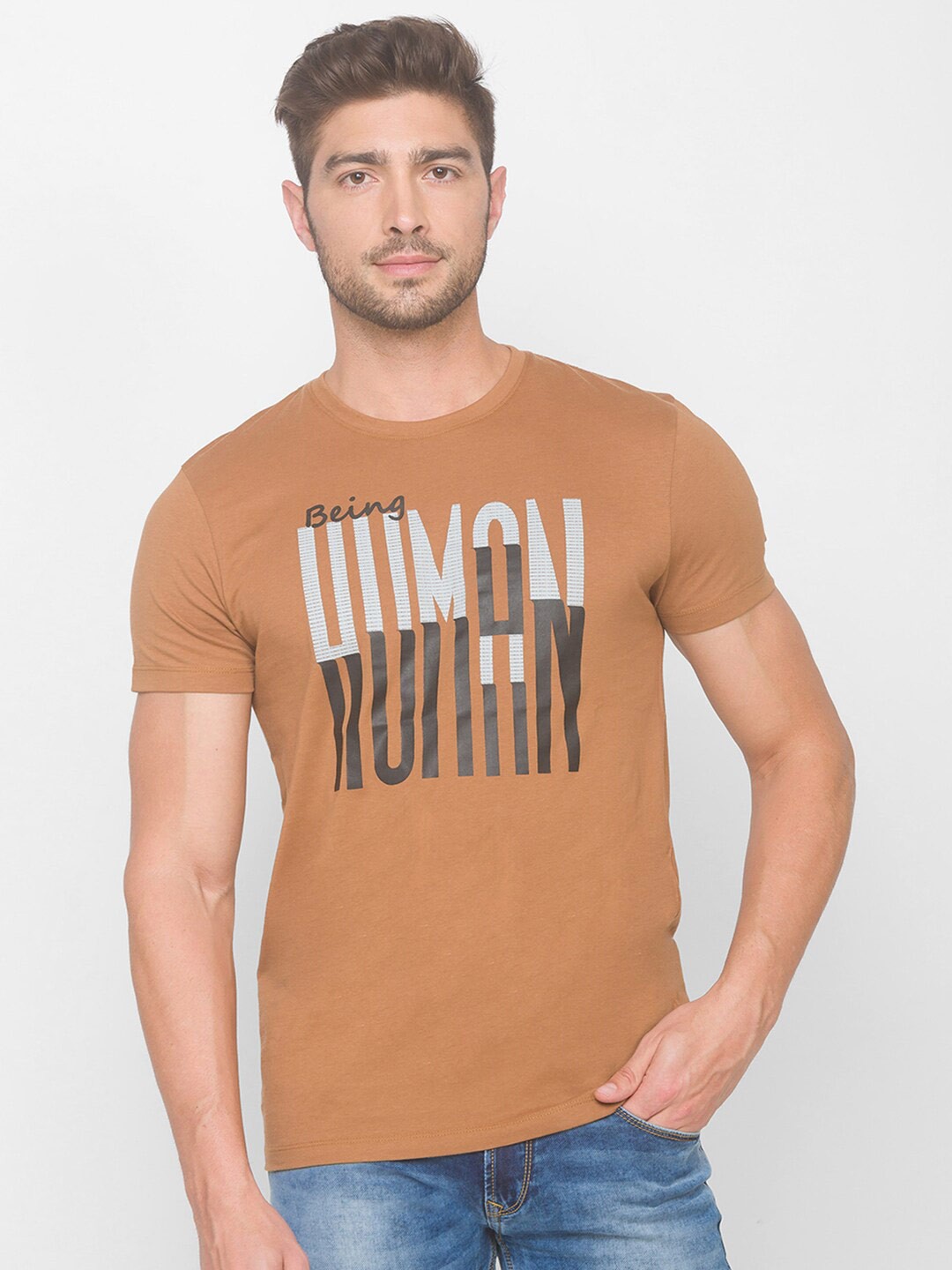 

Being Human Men Brown Typography Printed Pockets T-shirt