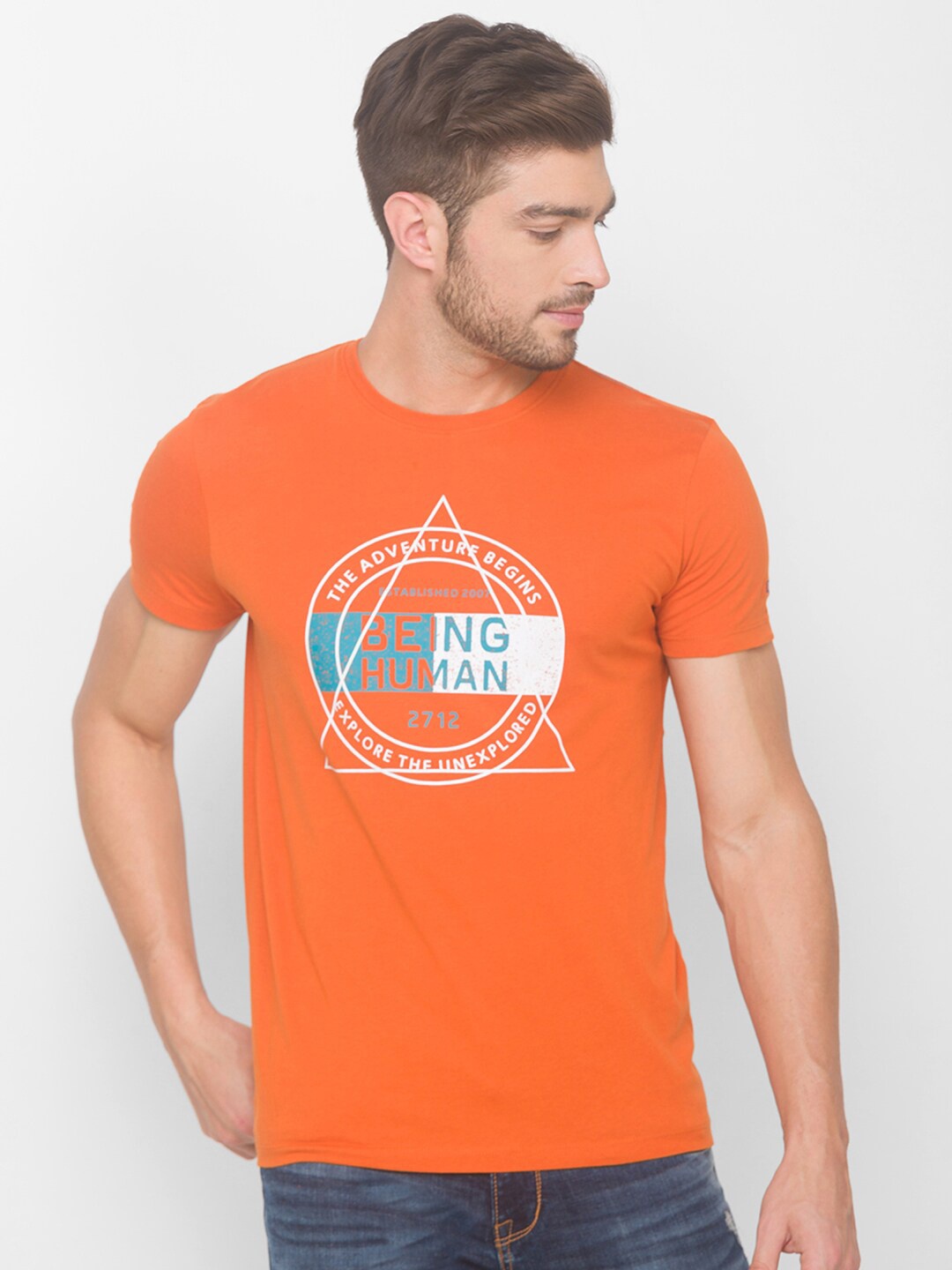 Being Human Men Rust & White Graphic Printed T-shirt