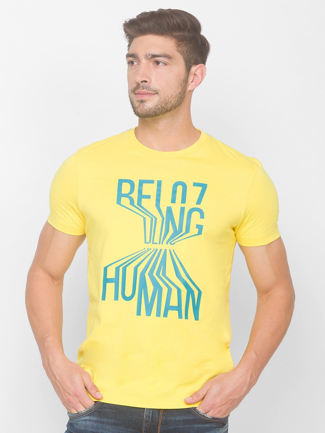 Being Human Men Yellow Typography Printed Pockets T-shirt