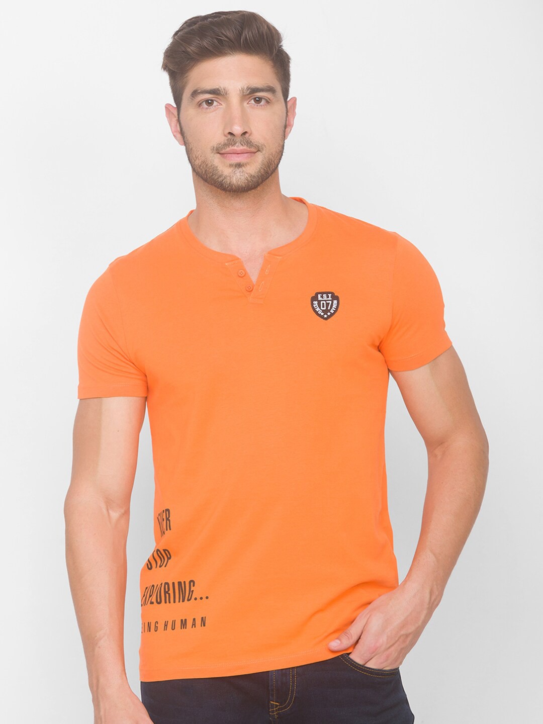 

Being Human Men Orange Henley Neck T-shirt