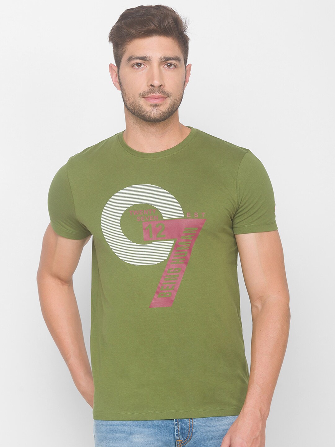 

Being Human Men Olive Green Printed T-shirt