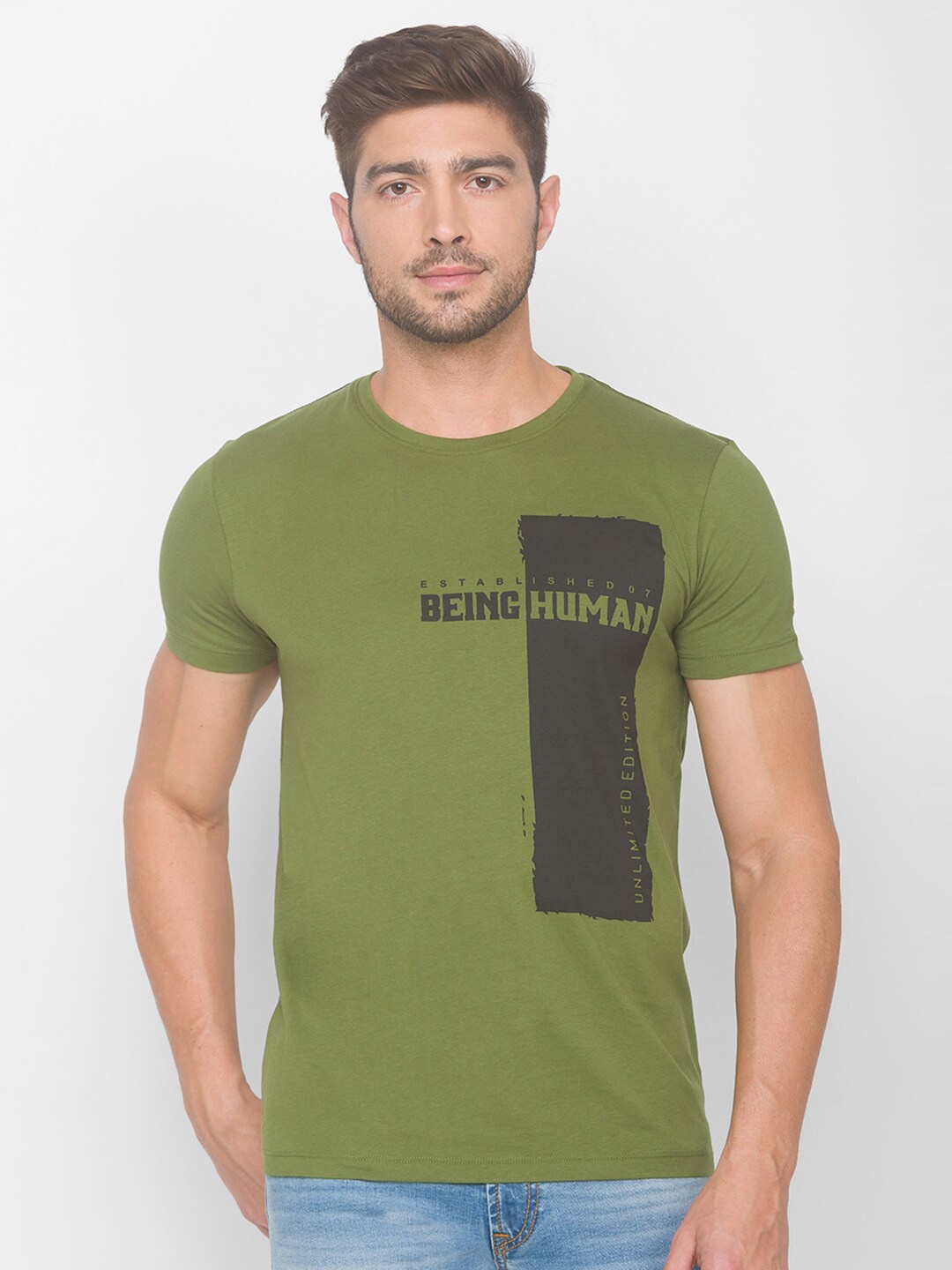

Being Human Men Olive Green Typography Printed T-shirt