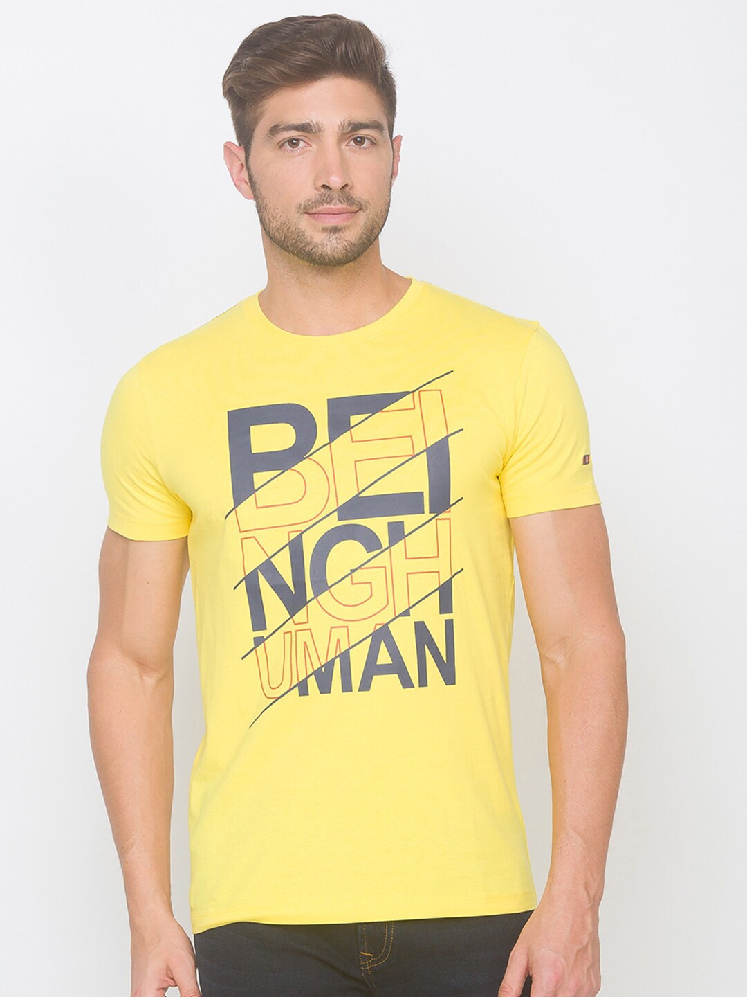 

Being Human Men Yellow & Grey Typography Printed T-shirt