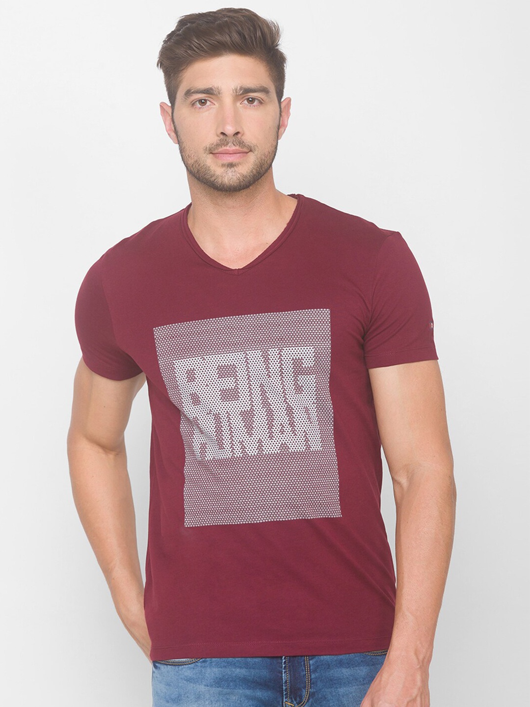 

Being Human Men Maroon Brand Logo Printed V-Neck T-shirt