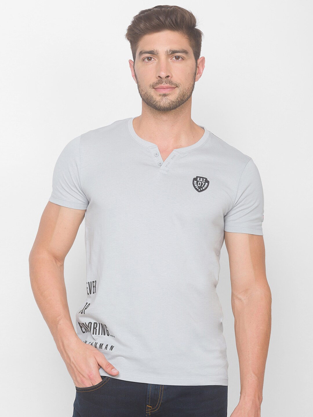 

Being Human Men Grey Typography Henley Neck Applique T-shirt