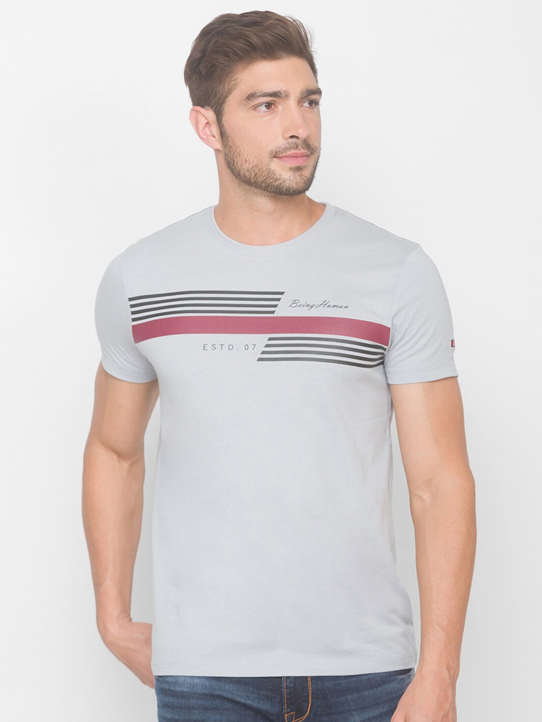 

Being Human Men Grey Striped T-shirt