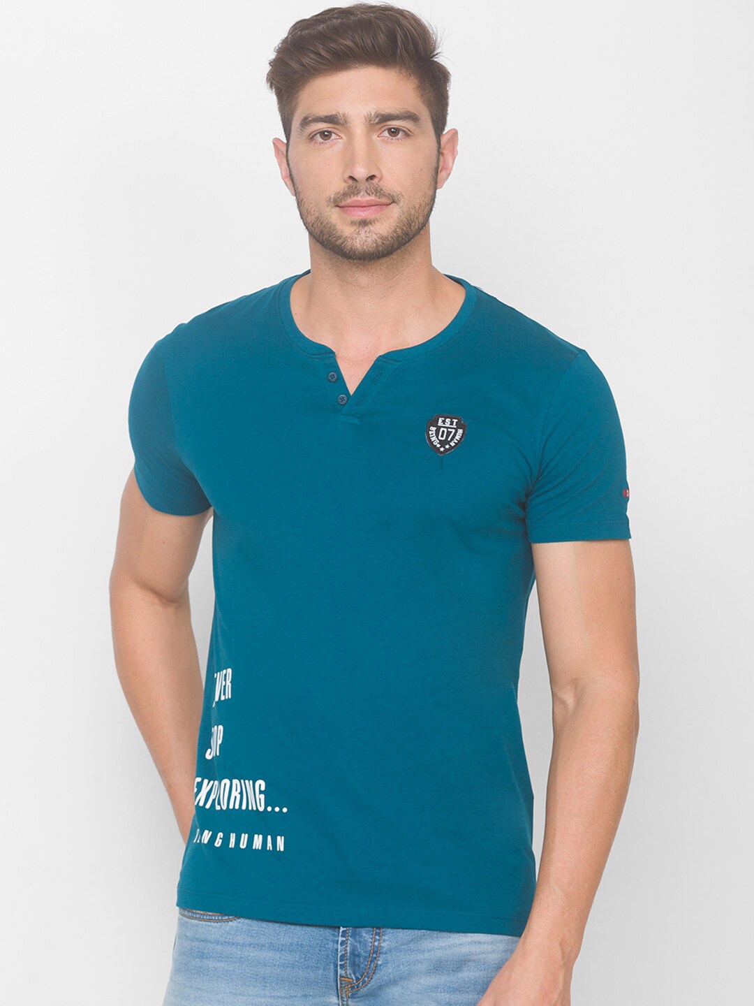

Being Human Men Teal Typography Printed Henley Neck T-shirt