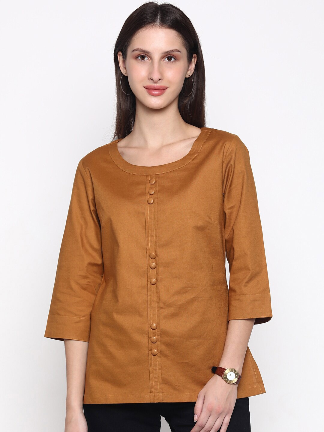 

CINNAMON CLOSET Mustard Yellow Regular Pure Cotton Top