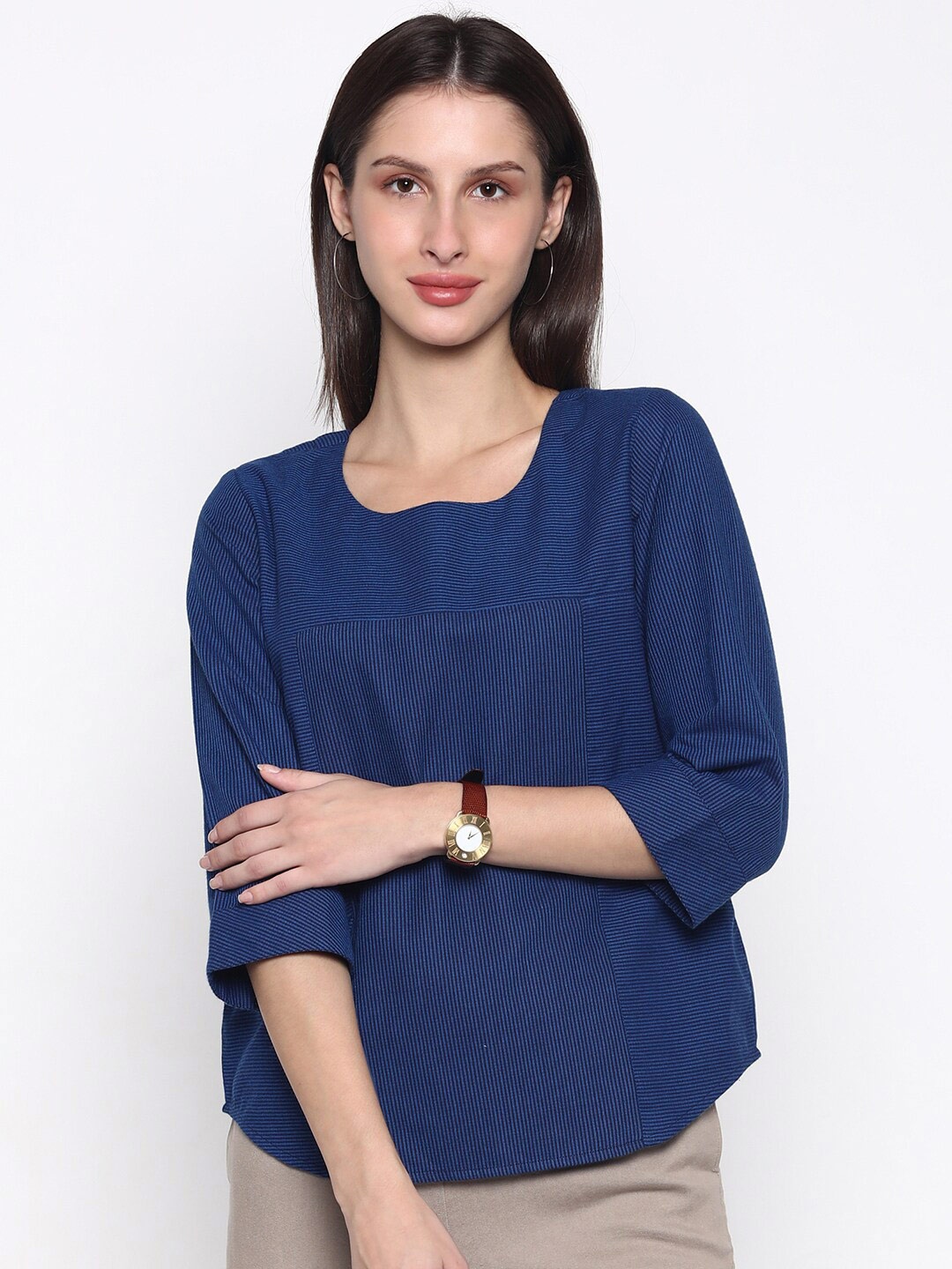 

CINNAMON CLOSET Blue Striped Regular Pure Cotton Top