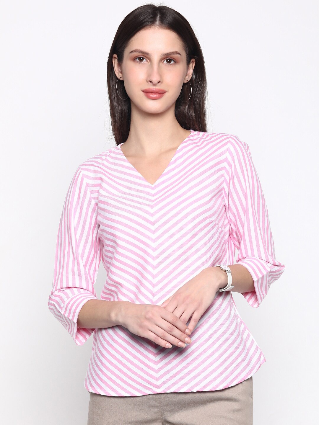

CINNAMON CLOSET Pink Striped Regular Top