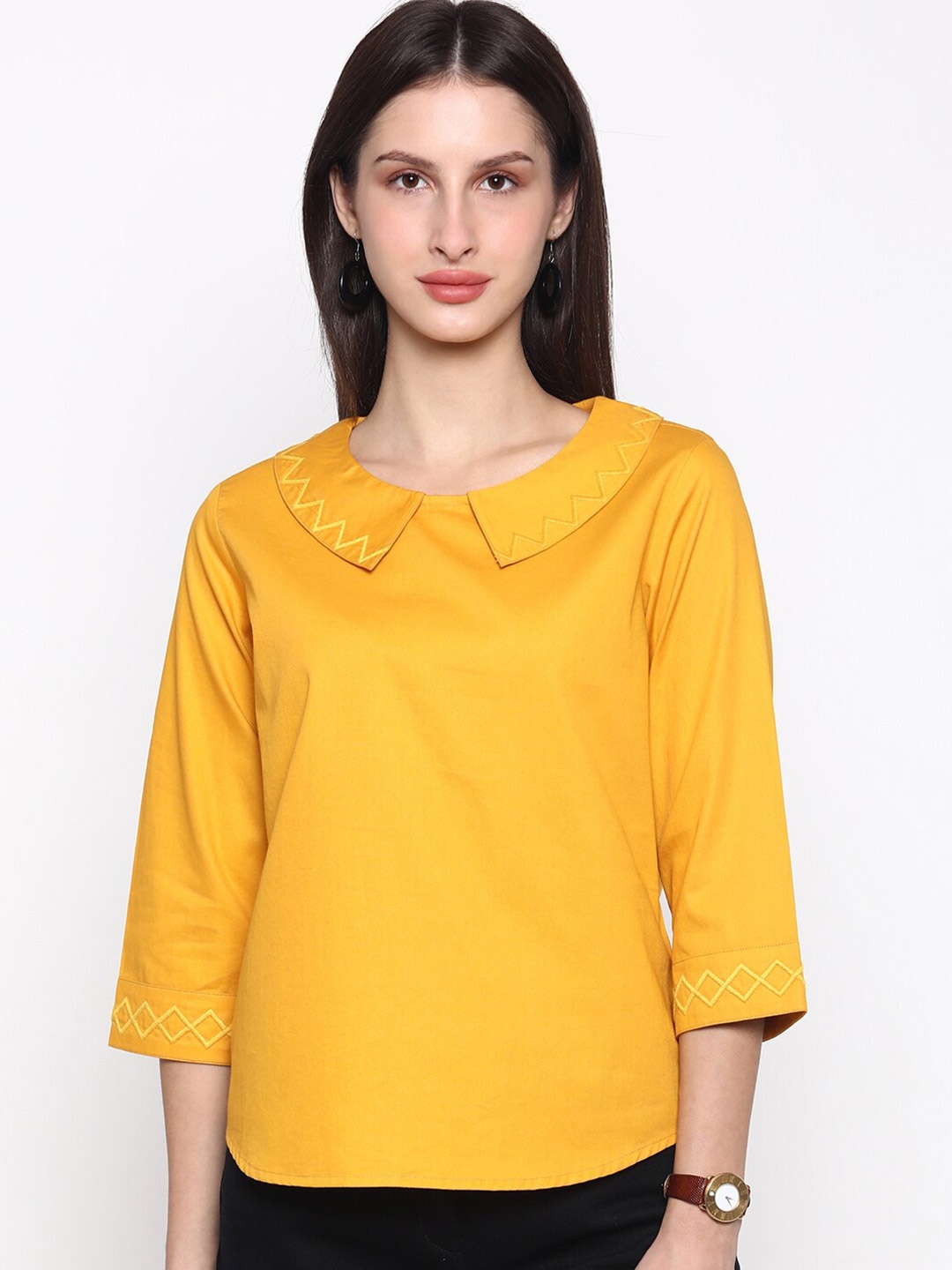 

CINNAMON CLOSET Mustard Yellow Peter Pan Collar Regular Top