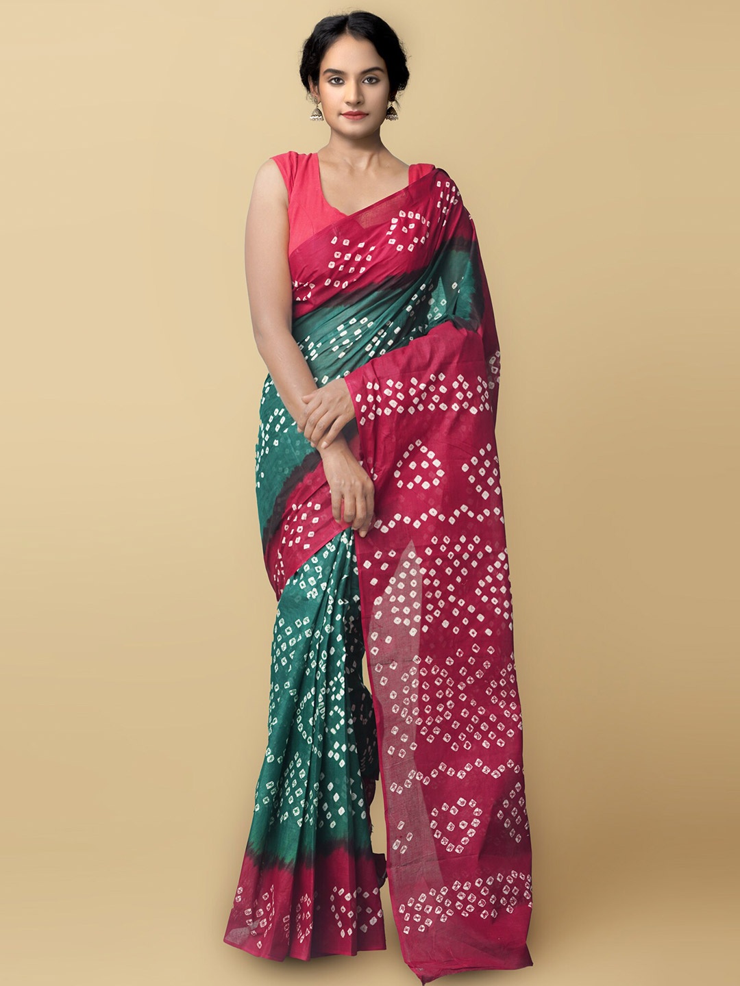 

Unnati Silks Women Green & Maroon Handloom Sustainable Pure Bandhani Cotton Saree