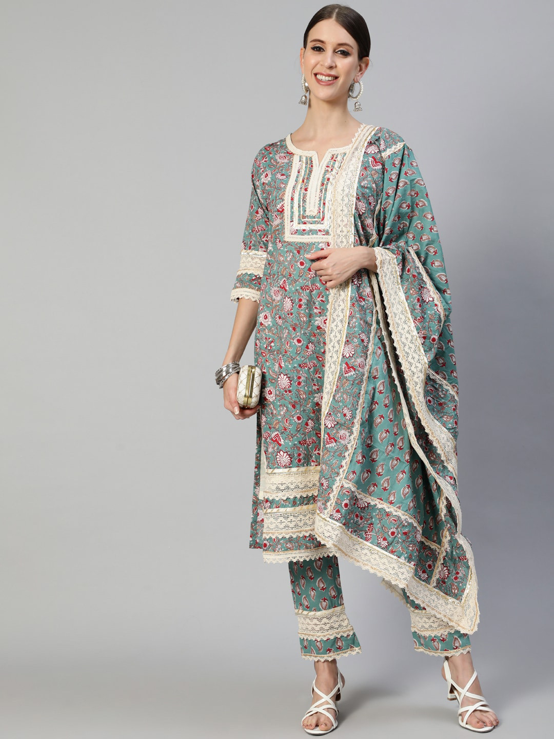 

Ishin Women Green Ethnic Motifs Pleated Pure Cotton Kurti with Trousers & Dupatta