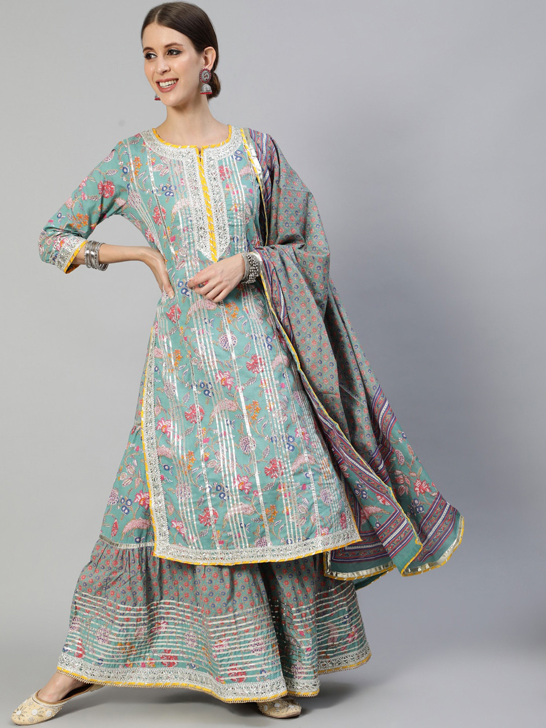 

Ishin Women Blue Floral Embroidered Regular Gotta Patti Pure Cotton Kurta with Palazzos & With Dupatta