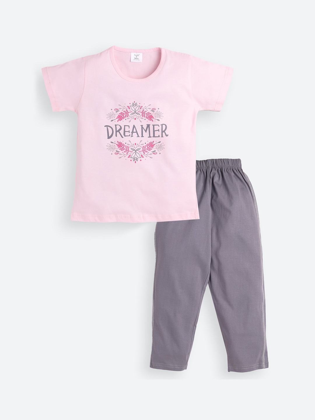 

Todd N Teen Girls Pink & Grey Printed Cotton Night Suit