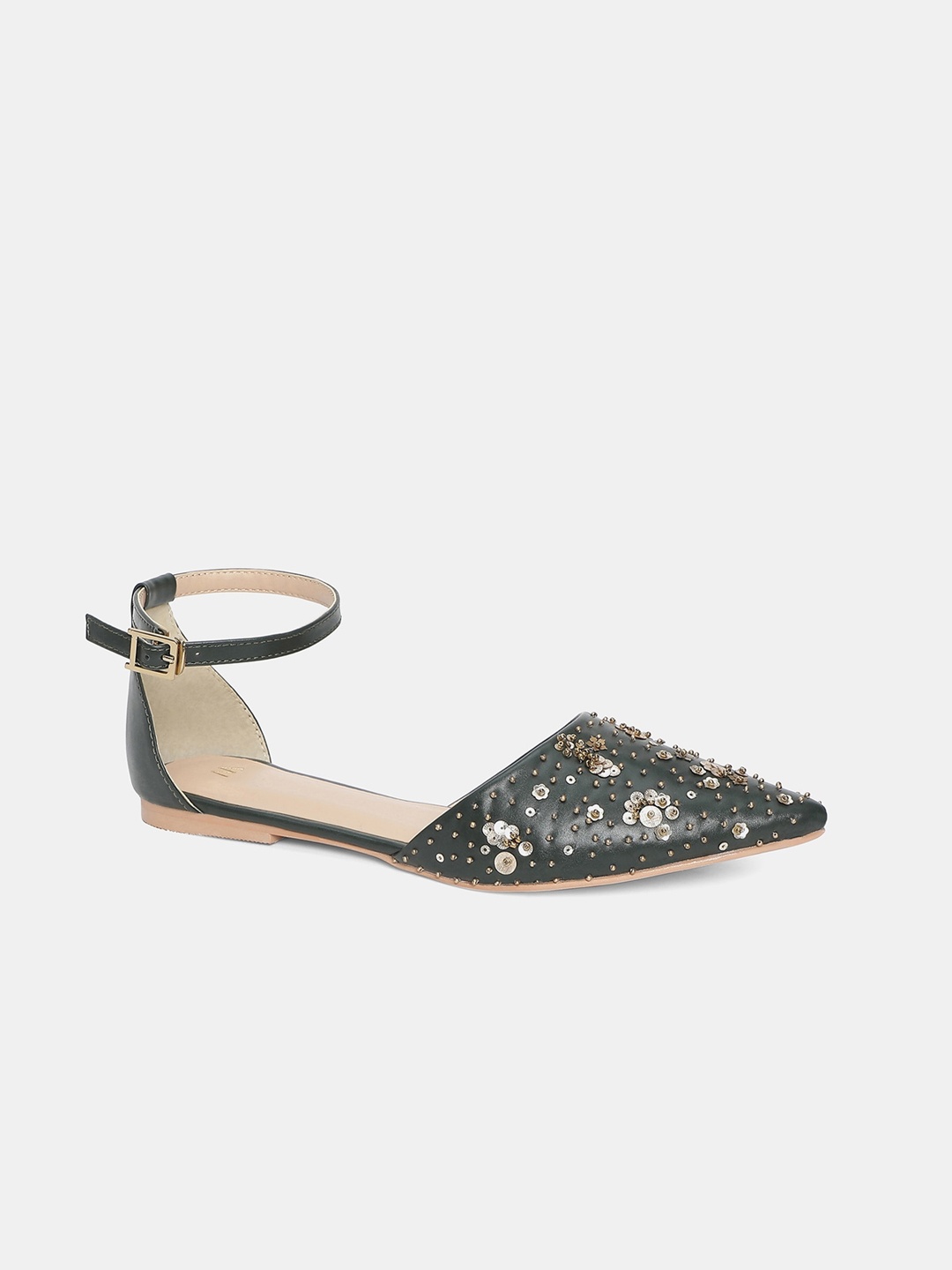 

W Women Green Textured Leather Party Mules Flats