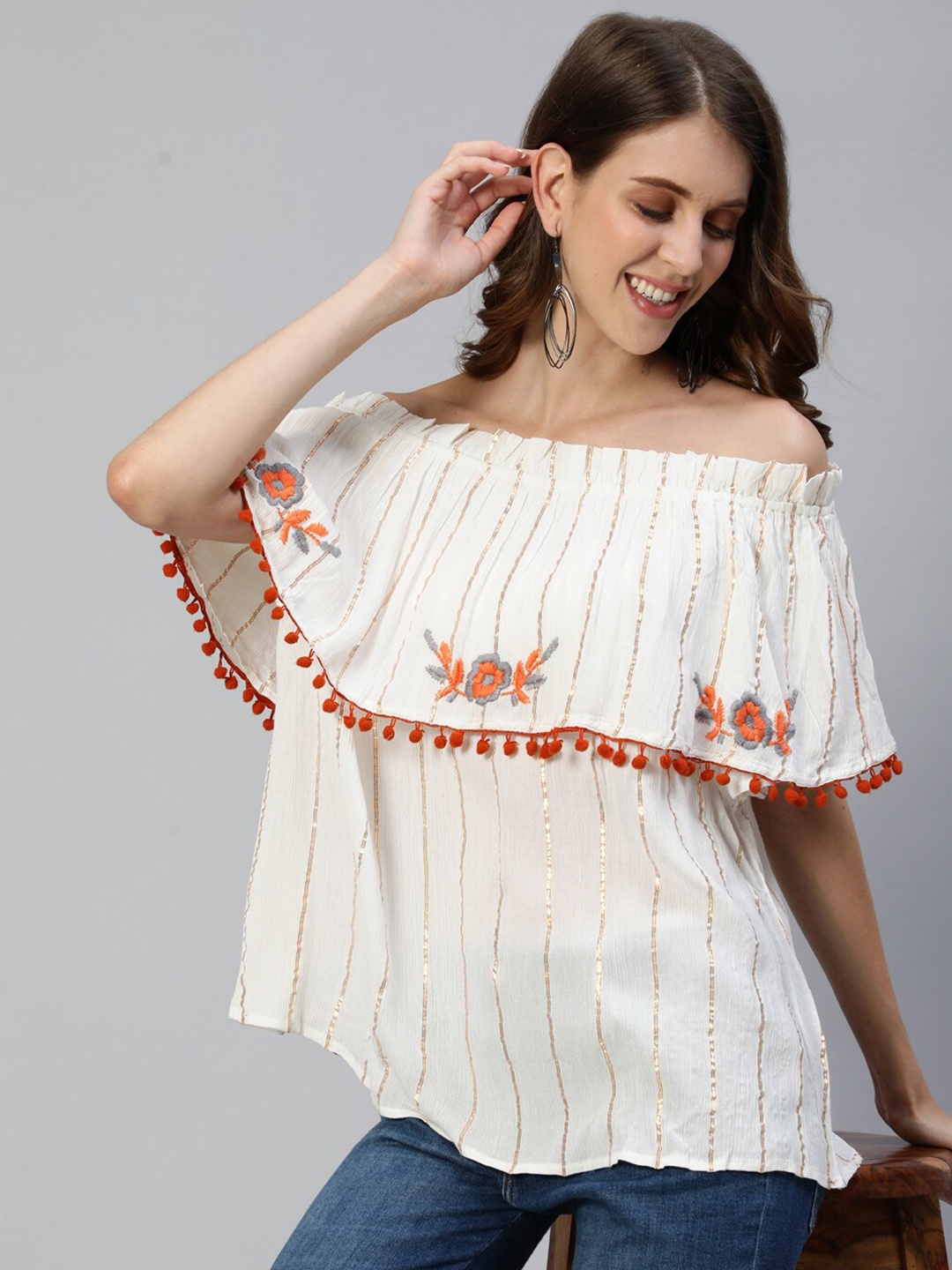 

Ishin Off White Striped Off-Shoulder Bardot Top