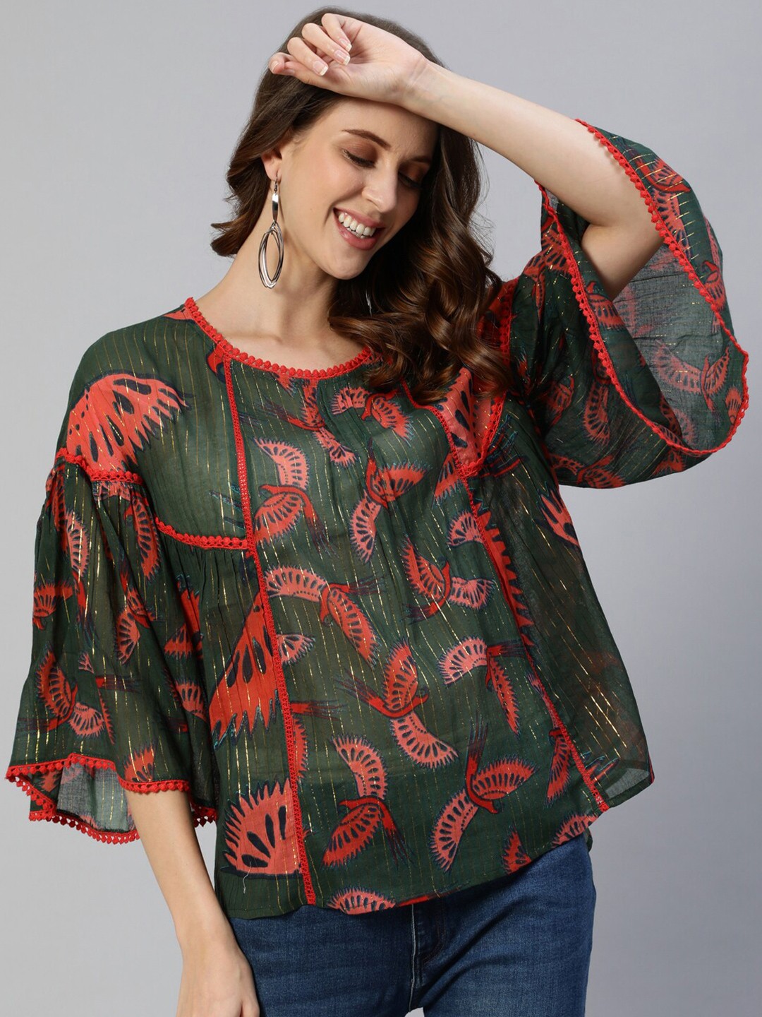 

Ishin Green & Red Floral Pure Cotton Regular Top