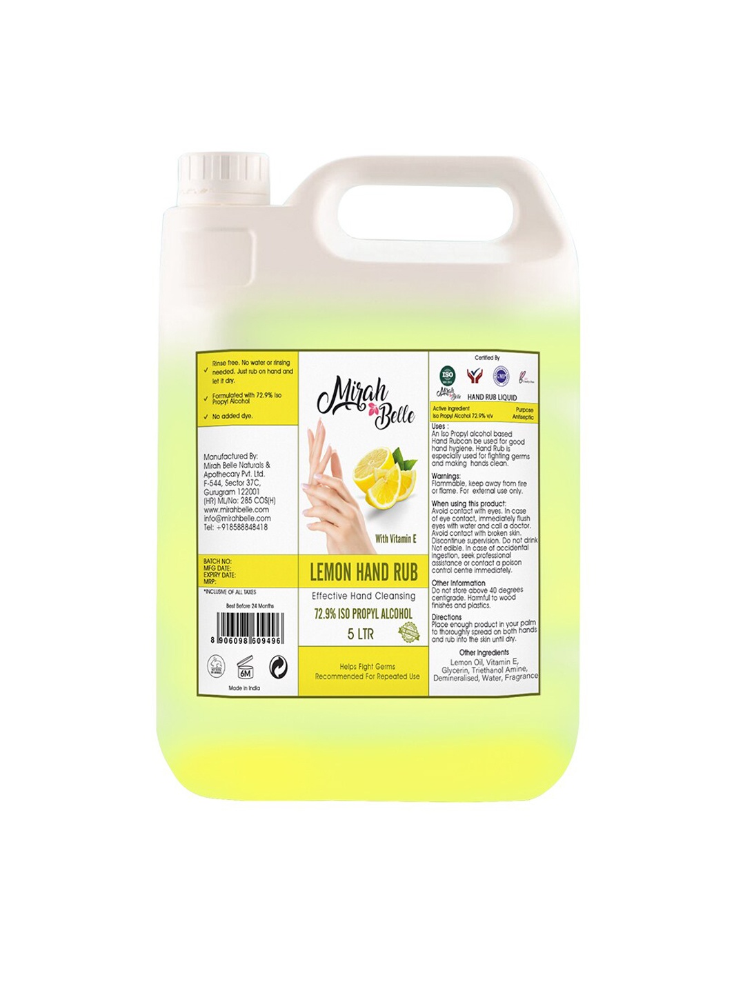 

Mirah Belle Lemon Liquid Hand Rub Sanitizer With Vitamin E - 5000 ml, Yellow