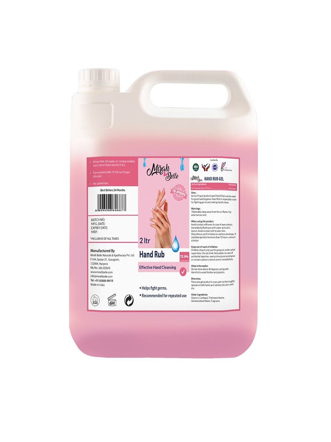 

Mirah Belle Unisex Pink Hand Rub Sanitizer Liquid 2L
