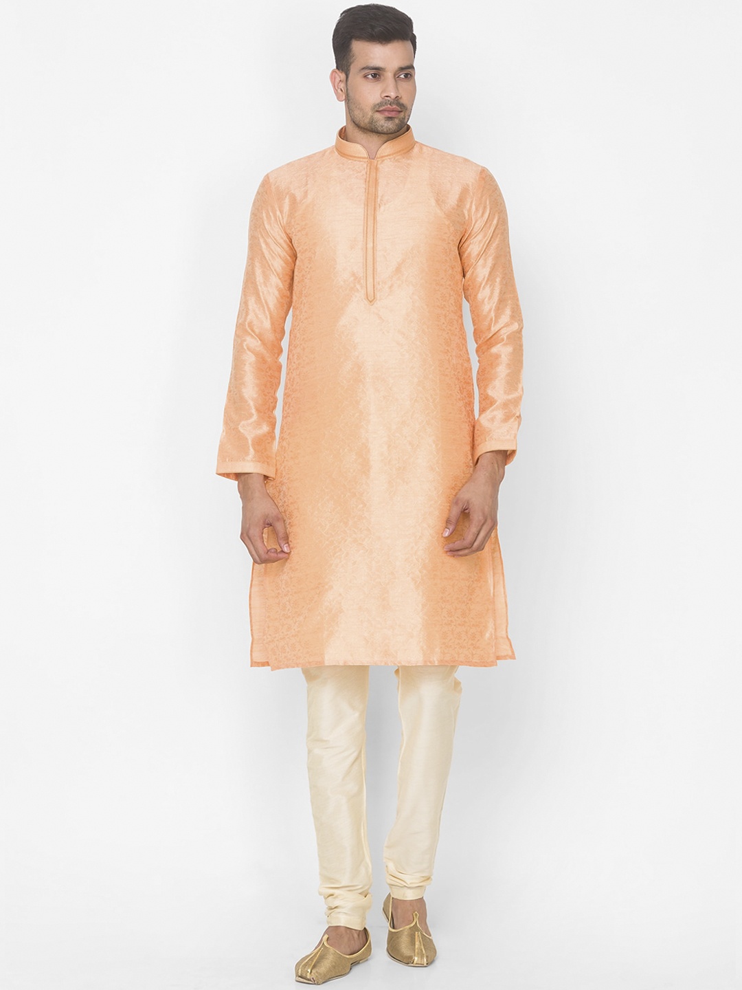 

Ethnicity Men Peach-Coloured Ethnic Motifs Jacquard Kurta with Pyjamas