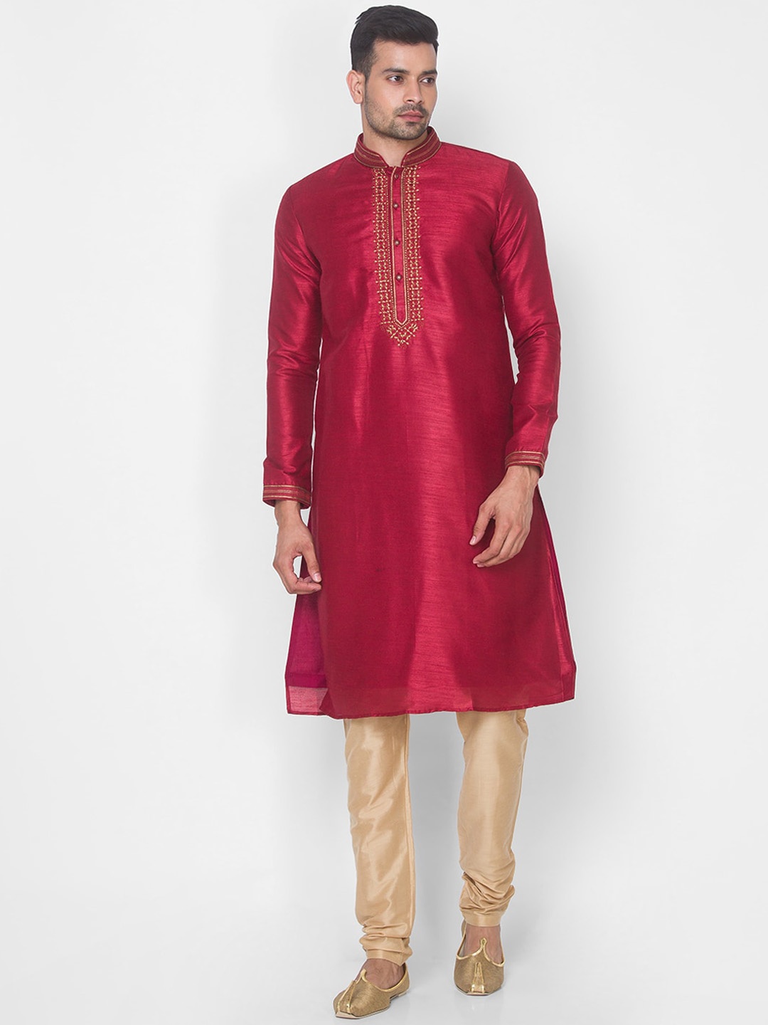 

Ethnicity Men Maroon & Gold-Toned Art Silk Regular Kurta With Churidar