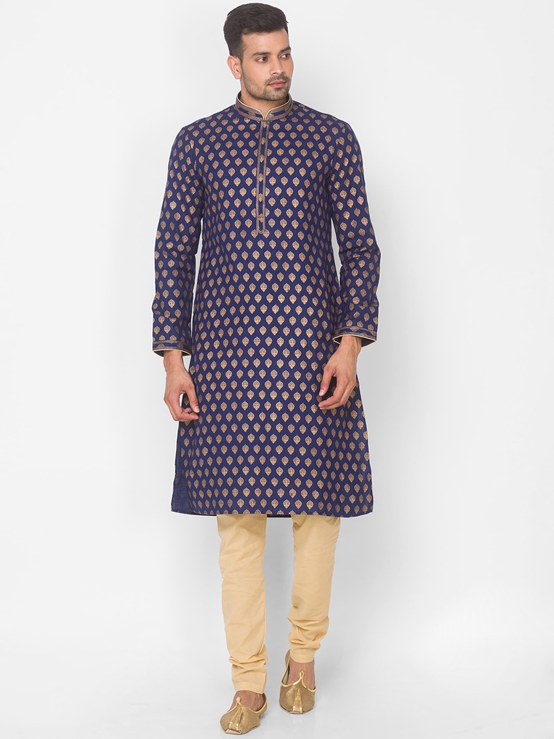 

Ethnicity Men Navy Blue Ethnic Motifs Printed Regular Pure Cotton Kurta with Churidar