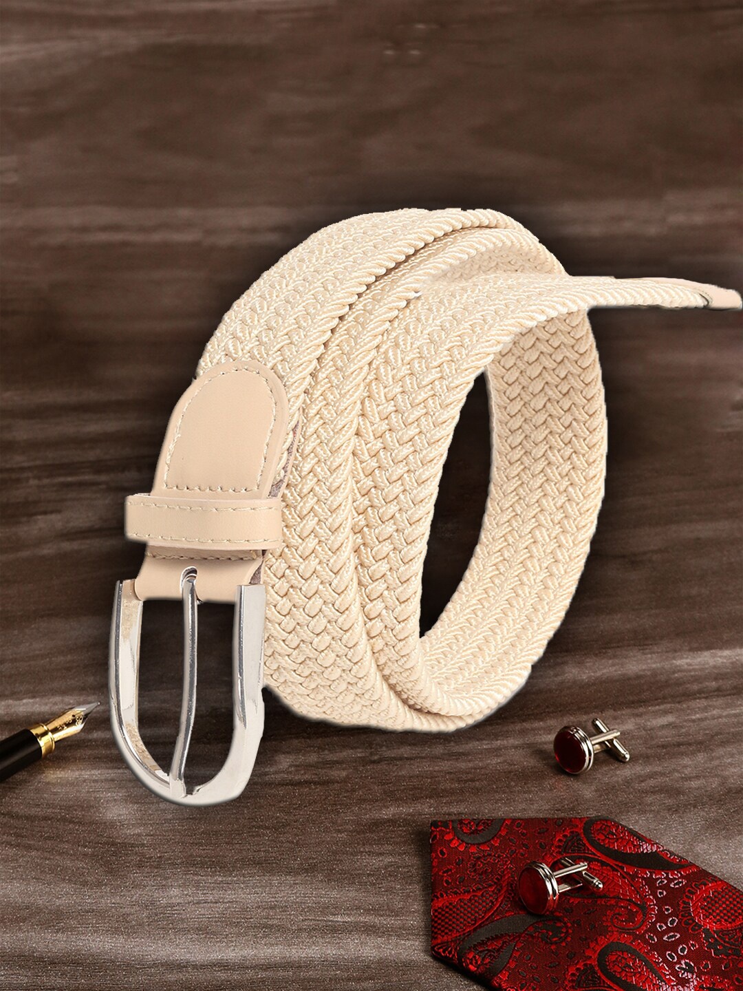 

MUTAQINOTI Unisex Cream-Coloured Woven Design Belt